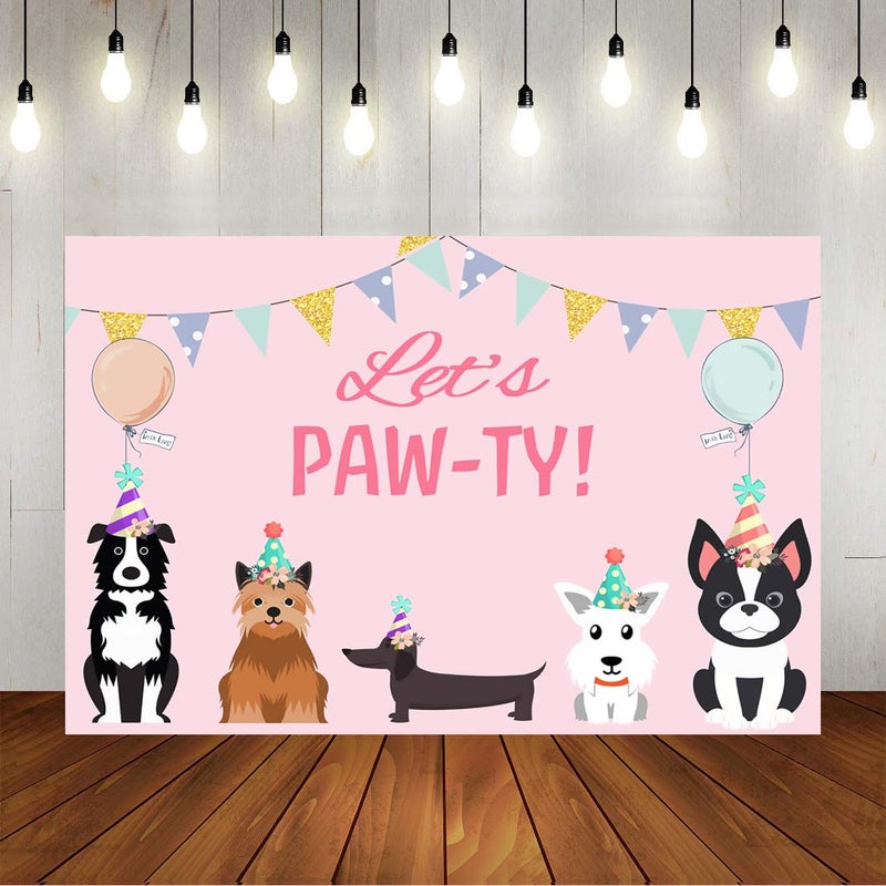 Aperturee 5x3ft Puppy Dog Happy Themed Backdrops Let's Paw-ty Doggy Pet Pink Girl Photography Backdrop Banner for Puppy Party Photo Booth Backdrop Vinyl Birthday Party Decorations - Image 3